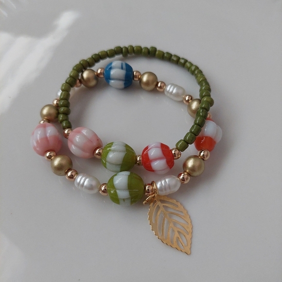 Hand Crafted Jewelry - Handcrafted Jewelry Bracelet Set Charm Porcelain Crystal Beads